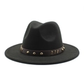 Black wool fedora with a leather belt band and gold stud accents on a white background - M (56-58cm) / Black