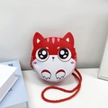 Cute red round cat face crossbody bag for girls with 3D ears and woven shoulder strap - Red