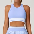 Top fitness corto a costine azzurro senza cuciture con orlo a righe bianche - S / Celeste