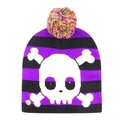 Detail of Halloween LED knitted hat with purple stripes, white skull, and ON/OFF switch - Purple Black Striped Skull