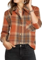 Detail view of the orange plaid shirt sleeve cuff and textured fabric texture - S / Caramel color