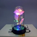 Pink glowing foil rose in glass dome with black base and golden leaves for gift - Glitter Pink (Multicolor Light)