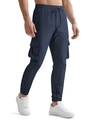 Men's dark blue cargo joggers with waffle texture fabric and side drawstring pockets - Navy Blue