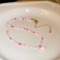 Pink heart pendant necklace with colorful handmade beads and golden lobster clasp - Pink Enamel Heart Beaded Style