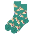 Calze verdi a metà polpaccio con motivi di Corgi a fumetti e bandane colorate vivaci - Motivo Cane Corgi Verde (2315C)