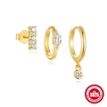 Elegant gold-plated S925 sterling silver earring set featuring sparkling white cubic zirconia - 925 Silver / Gold Triple Zirconia Row Style