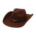 Detail of dark brown wool cowboy hat with leather band and longhorn metal ornament - Gold Bull Head / Coffee