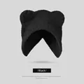 Cute black knitted teddy bear ear hat with warm sherpa fleece texture for winter comfort - Bear Ear Plush Beanie (Black/No Tie) / Black