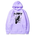 Lavender purple hoodie featuring a black crow graphic and F-CAW-F artistic lettering - Lavender