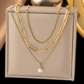 Three-layer gold titanium steel necklace featuring Cuban chains and a pearl pendant - Paperclip and Artificial Pearl Three-layer Chain (QZXLH1038) / Gold