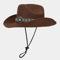 Detail of dark brown woven straw cowboy hat with ethnic band and turquoise ornament - Dark Brown