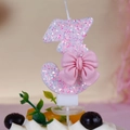 Pink glittery birthday candle number 3 with 3D bow decoration for party cake - Number 3