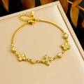 Golden four-leaf clover bracelet with sparkling rhinestones and adjustable lobster clasp - Four Leaf Clover Bracelet (B1496) / Gold