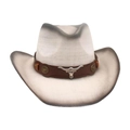 Western straw cowboy hat in beige with grey gradient edge and silver bull head ornament - One Size / White Black (Brown Bull)