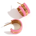 Pink and gold wave pattern C-shape earrings in stainless steel with colorful drip oil finish - Gold & Pink - Earrings