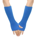 Dettaglio dei guanti lunghi senza dita in maglia a coste blu per riscaldare le braccia - Taglia unica / Blu