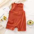 Rust red ribbed cotton baby romper with sleeveless design and snap closure detail - 66 / Dark Orange