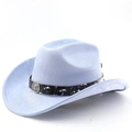 Detail of light blue faux suede cowboy hat featuring a lion head metal emblem and band - M (56-58cm) / Light Sky Blue