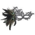 Spitzenmaske für Maskenball mit schwarzen Pfauenfedern und Zierstein für Partys - Feder Strass Phönix - Schwarz