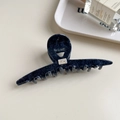 Deep blue denim texture acetate hair claw clip with stylish metallic dot accent - Navy Blue Bar Clip