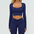 Ensemble haut court manches longues bleu foncé et legging de yoga taille en V - S / Hauts / Bleu Marine Foncé