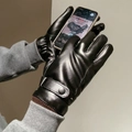 Women's black touch screen leather gloves with warm lining and snap button strap detail - S220 Elastic Cuff PU Protein Leather Touchscreen / Black