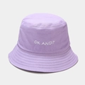 Purple cotton bucket hat with white OK AND embroidered lettering and stitched brim - M (56-58cm) / Light Purple
