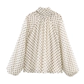 Elegant polka dot chiffon blouse featuring high pleated neck and lantern sleeves - XS / Beige