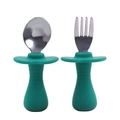 Baby Besteckset aus Silikon und Edelstahl in Türkis mit ergonomischem Griff-Design - Einfaches Edelstahl Gabel und Löffel Set / Dunkelgrün