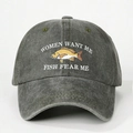 Close-up of Fish Fear Me yellow embroidery on vintage dark grey washed cotton baseball cap - One Size / Army Green