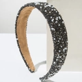 Detail of wide headband with black crystals and white pearls on velvet lining - Gray