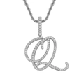Macro detail of silver iced-out cursive letter Q pendant with rope chain necklace - Letter Q / Silver (Pendant Only)