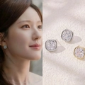 Square zircon stud earrings in silver and gold finishes shown on model and still life - Square Cut Shining Studs / 19# Square Zircon Two-Way Studs (Gold Plated)