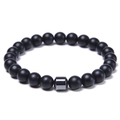 Close-up of 8mm matte black agate beads with a silver-grey hematite cylinder bead - Matte Black Bracelet