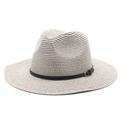 Close-up of woven straw fedora featuring a black leather band and metal buckle detail - M (56-58cm) / Gray