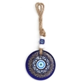 Close-up of blue glass evil eye pendant with rustic jute rope and decorative beads - Gold Painted Floral Style (BE1688BU07)