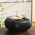 Ceramic tabletop water fountain with two white ducks on a black matte base - Spring River Duck [Black-Square]
