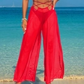 Three-piece red mesh beach cover-up pants with tie waist for women's swimwear set - S / Bottoms / Thin Belt Wide Leg Pants / Red