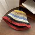 Colorful striped woven straw bucket hat for women in vibrant summer beach vacation style - Rainbow Stripe Straw Hat Burgundy Edge