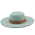 Detailed texture of mint green wool fedora hat with brown studded leather band - M / Mint Green