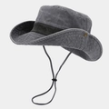 Detail of wide brim sun hat with adjustable windproof rope and metal buttons - Gray