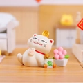 White lucky cat resin ornament holding Fortune mahjong tile with pink flower decor - -263 May You Be Prosperous