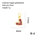 Detailed view of 18K gold plated heart pendant with red zircon and technical dimensions - 11x8mm (B-4)