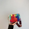 Chic color-block crossbody bag with geometric square patterns and wide ethnic strap - White