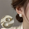 Elegant cream white round stud earrings with golden trim on warm silk background - Milky White Textured Round Disc Gold Edged Studs(ED1927)