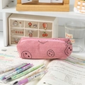 Pink corduroy pencil case with smiley face pattern and secure zipper closure - Pink Heart-Eye Pencil Case