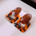 Close-up of vintage tortoiseshell geometric resin earrings on a textured cloth - Tortoiseshell Geometric Patchwork Style (No. 7 Silver Earring Post - Coffee - Square)