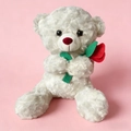 Weiße Teddybär-Plüschfigur mit roter Rose auf rosa Hintergrund, ideales Geschenk - Weiß