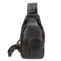 Men's black leather chest bag with orange contrast stitching and headphone port - Black