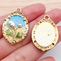 French vintage enamel flower pendant with faux pearls and gold embossed metal frame - Blue Two-Tone Flower Pendant-21178